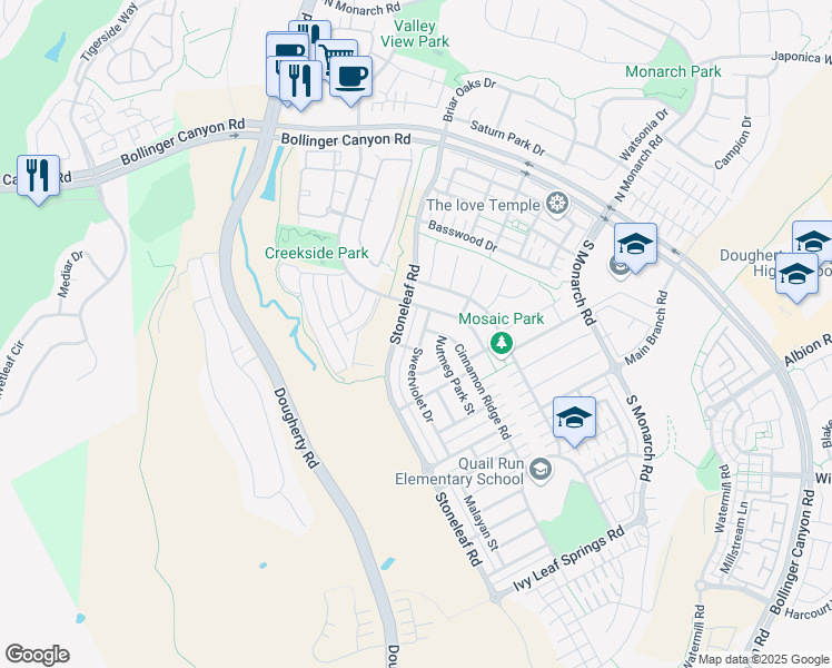 map of restaurants, bars, coffee shops, grocery stores, and more near 3381 Nutmeg Park Street in San Ramon