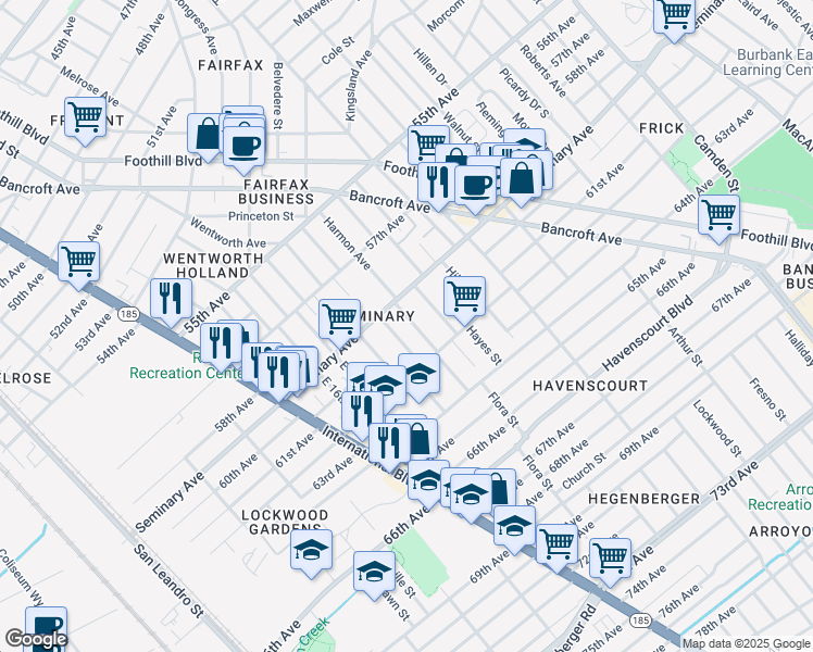 map of restaurants, bars, coffee shops, grocery stores, and more near 6030 Holway Street in Oakland