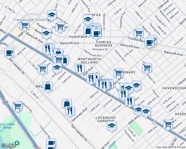 map of restaurants, bars, coffee shops, grocery stores, and more near 1426 56th Avenue in Oakland