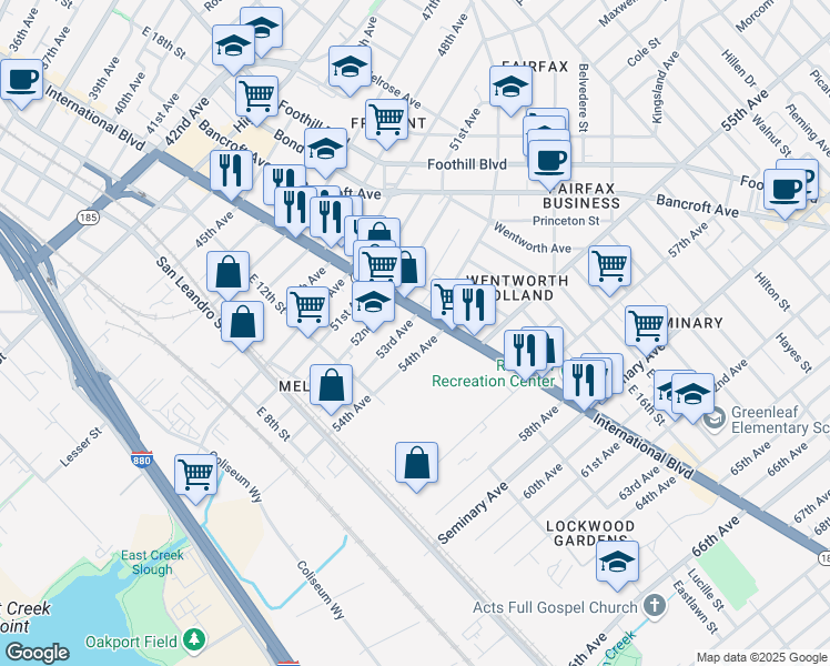 map of restaurants, bars, coffee shops, grocery stores, and more near 1321 54th Avenue in Oakland