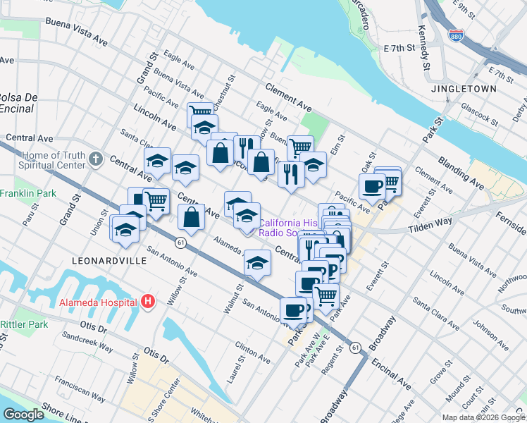 map of restaurants, bars, coffee shops, grocery stores, and more near 1419 Walnut Street in Alameda