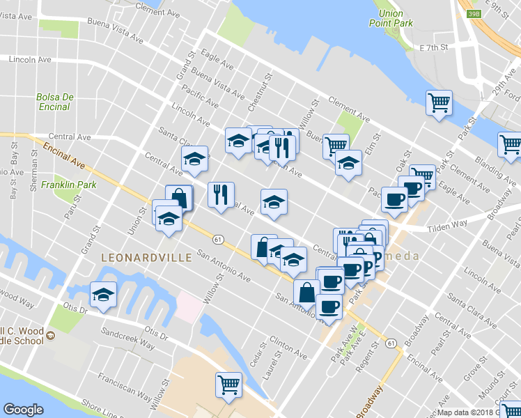 map of restaurants, bars, coffee shops, grocery stores, and more near 2068 Central Avenue in Alameda