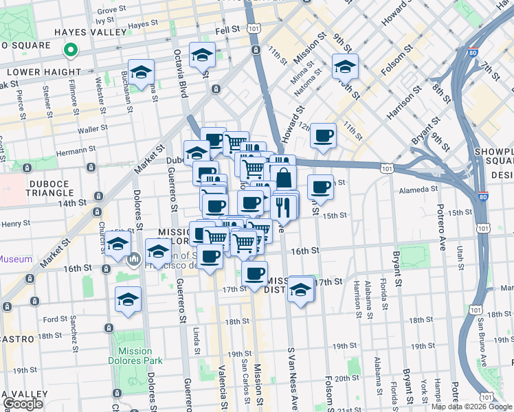 map of restaurants, bars, coffee shops, grocery stores, and more near in San Francisco