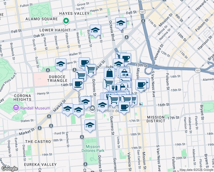map of restaurants, bars, coffee shops, grocery stores, and more near 269 Guerrero Street in San Francisco