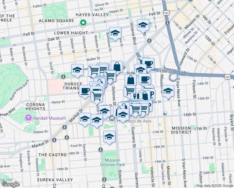 map of restaurants, bars, coffee shops, grocery stores, and more near 66 Ramona Avenue in San Francisco