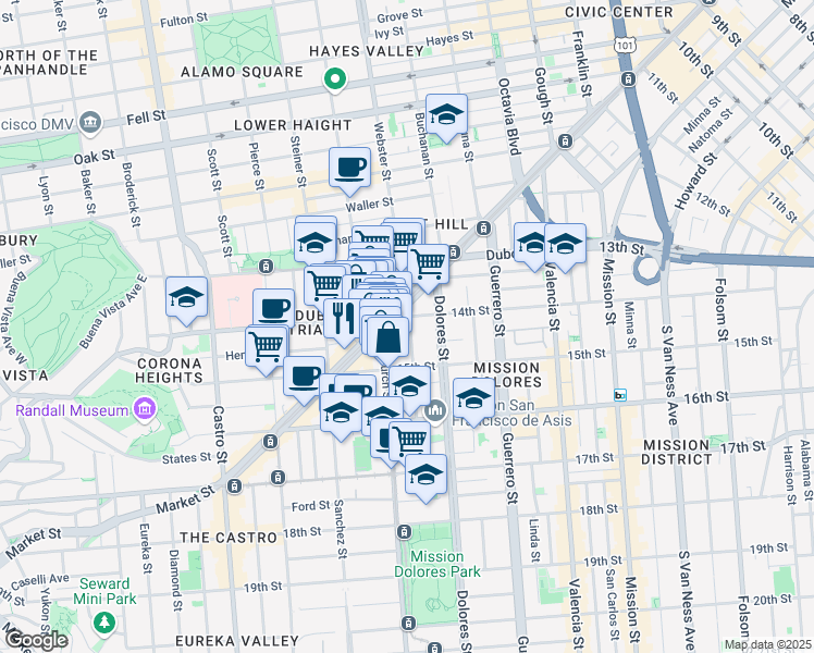 map of restaurants, bars, coffee shops, grocery stores, and more near 233 Church Street in San Francisco
