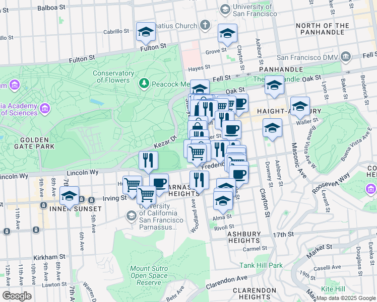 map of restaurants, bars, coffee shops, grocery stores, and more near 755 Stanyan Street in San Francisco