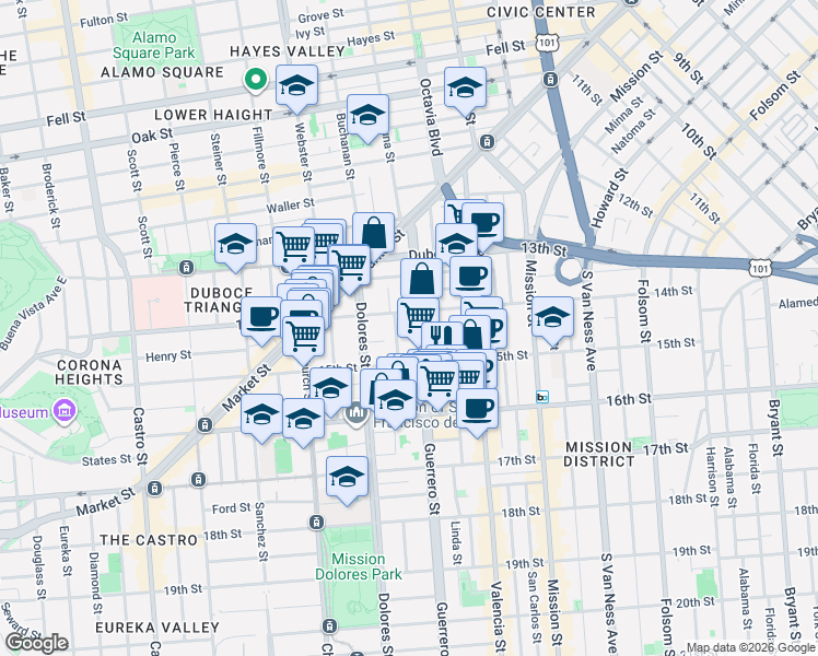 map of restaurants, bars, coffee shops, grocery stores, and more near 228 Guerrero Street in San Francisco