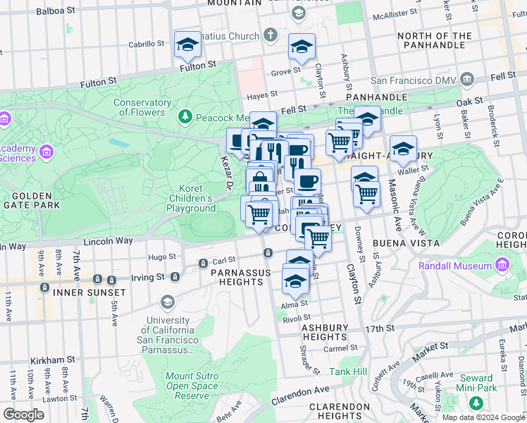 map of restaurants, bars, coffee shops, grocery stores, and more near 798 Stanyan Street in San Francisco