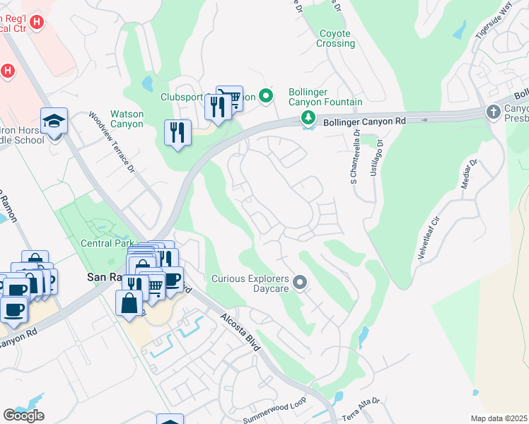 map of restaurants, bars, coffee shops, grocery stores, and more near 431 Pine Ridge Drive in San Ramon