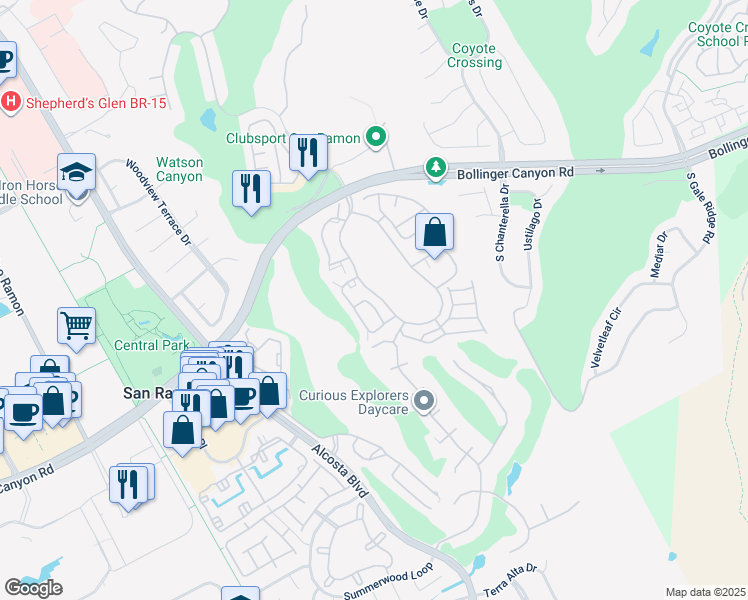 map of restaurants, bars, coffee shops, grocery stores, and more near 431 Pine Ridge Drive in San Ramon