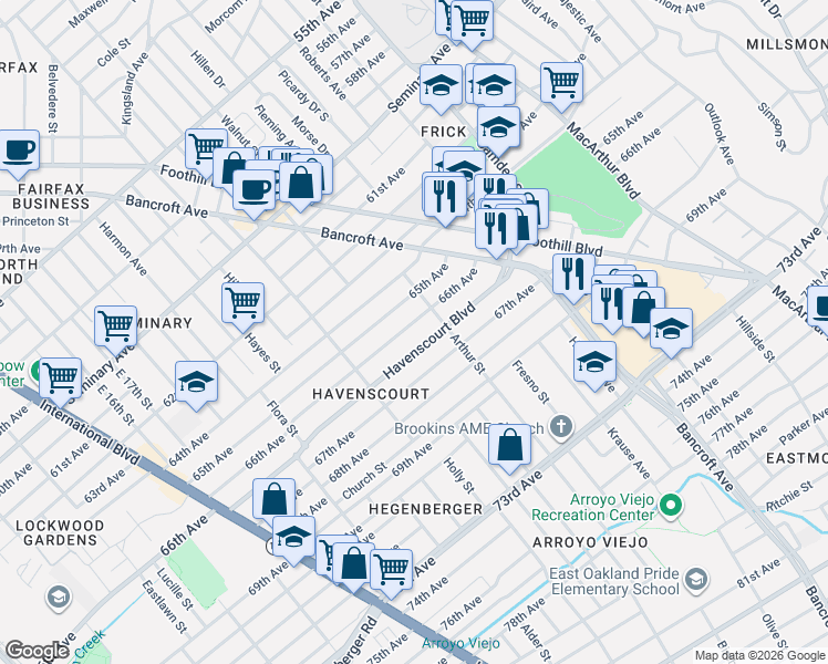 map of restaurants, bars, coffee shops, grocery stores, and more near 2518 Havenscourt Boulevard in Oakland