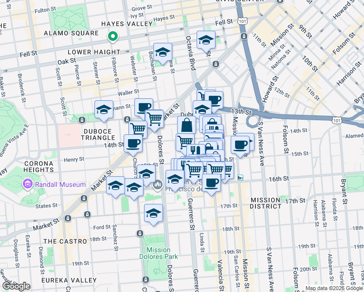 map of restaurants, bars, coffee shops, grocery stores, and more near 269 Guerrero Street in San Francisco