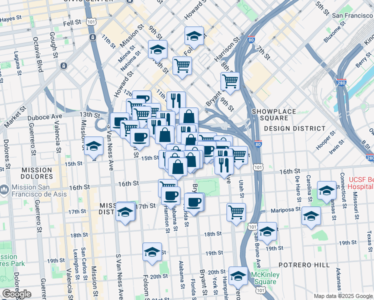map of restaurants, bars, coffee shops, grocery stores, and more near 1560 Bryant Street in San Francisco