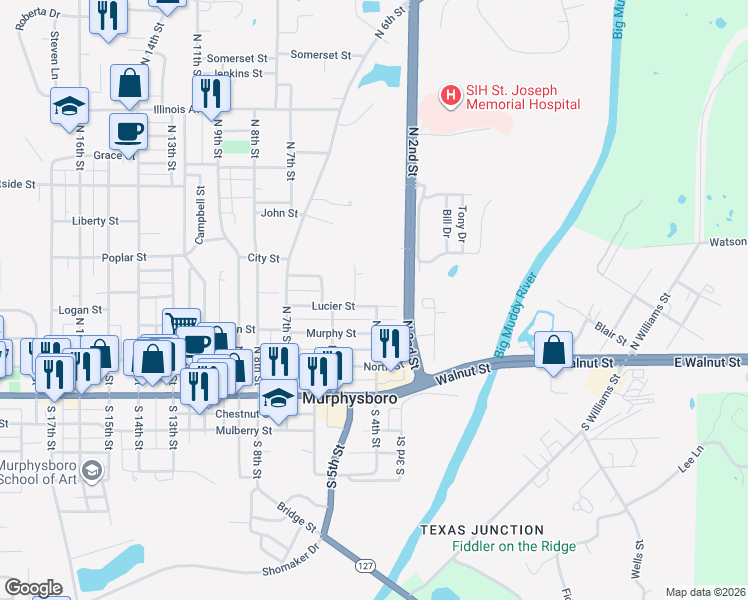 map of restaurants, bars, coffee shops, grocery stores, and more near 402 Lucier Street in Murphysboro