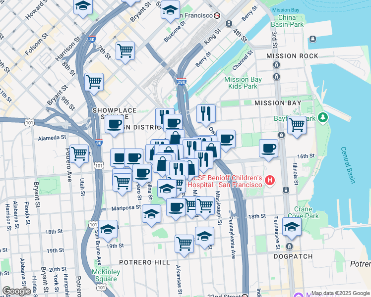 map of restaurants, bars, coffee shops, grocery stores, and more near 1050 16th Street in San Francisco