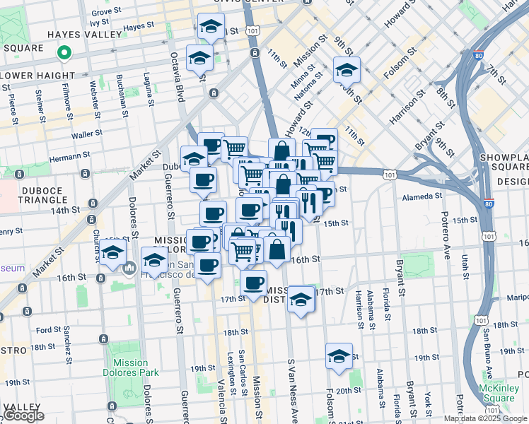 map of restaurants, bars, coffee shops, grocery stores, and more near 1500 15th Street in San Francisco