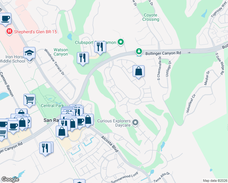 map of restaurants, bars, coffee shops, grocery stores, and more near 309 South Overlook Drive in San Ramon