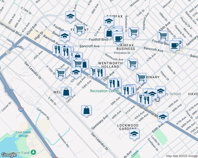 map of restaurants, bars, coffee shops, grocery stores, and more near 5452 International Boulevard in Oakland
