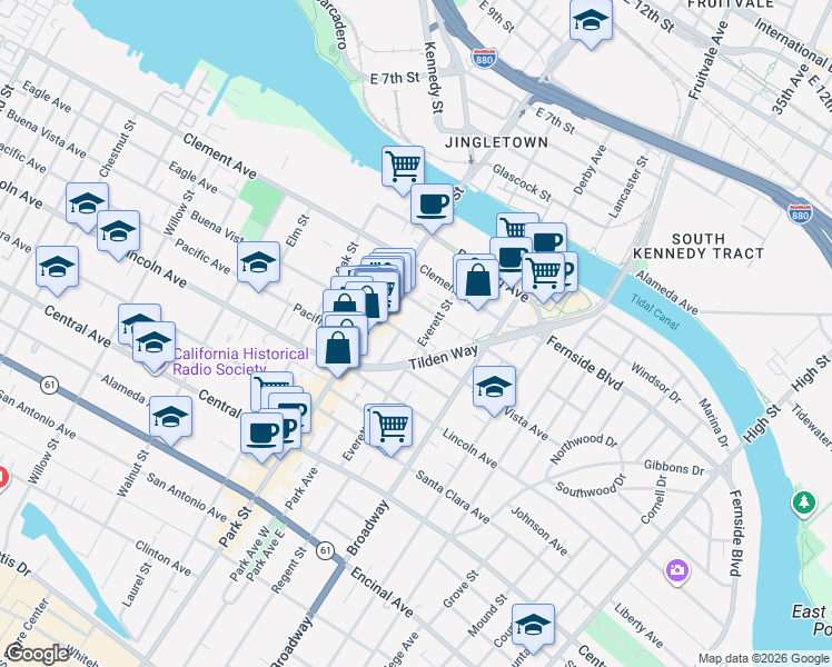 map of restaurants, bars, coffee shops, grocery stores, and more near 1640 Everett Street in Alameda