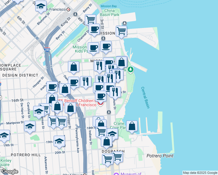map of restaurants, bars, coffee shops, grocery stores, and more near 1725 3rd Street in San Francisco