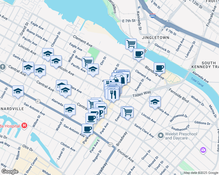 map of restaurants, bars, coffee shops, grocery stores, and more near 2310 Pacific Avenue in Alameda
