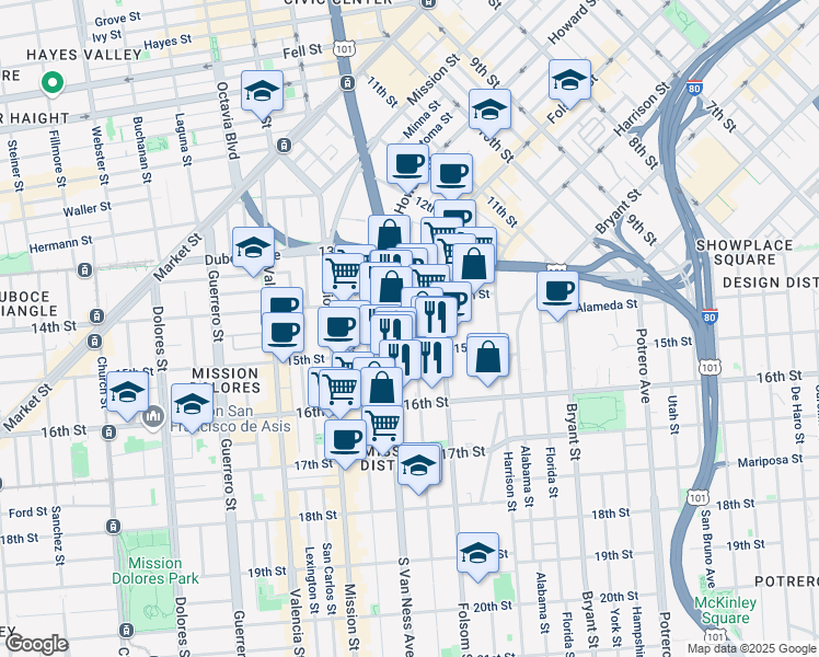 map of restaurants, bars, coffee shops, grocery stores, and more near 52 Shotwell Street in San Francisco