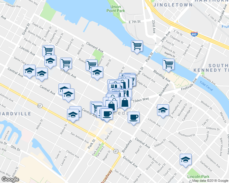 map of restaurants, bars, coffee shops, grocery stores, and more near 2310 Pacific Avenue in Alameda