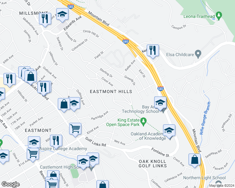 map of restaurants, bars, coffee shops, grocery stores, and more near 7985 Sunkist Drive in Oakland