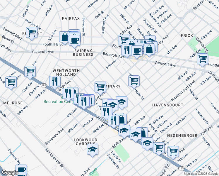 map of restaurants, bars, coffee shops, grocery stores, and more near 5918 Bromley Avenue in Oakland
