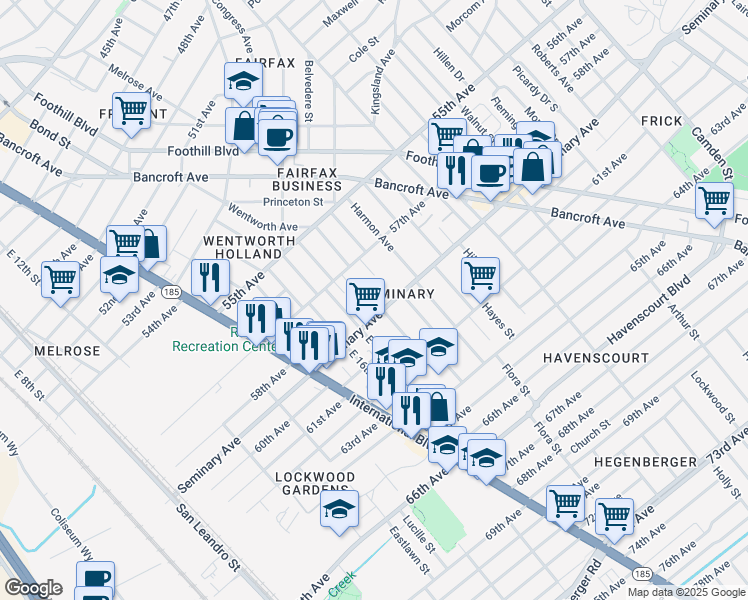 map of restaurants, bars, coffee shops, grocery stores, and more near 1705 Seminary Avenue in Oakland