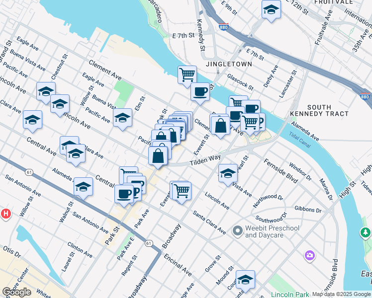 map of restaurants, bars, coffee shops, grocery stores, and more near 1640 Everett Street in Alameda