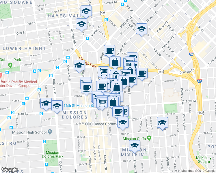 map of restaurants, bars, coffee shops, grocery stores, and more near 1500 15th Street in San Francisco