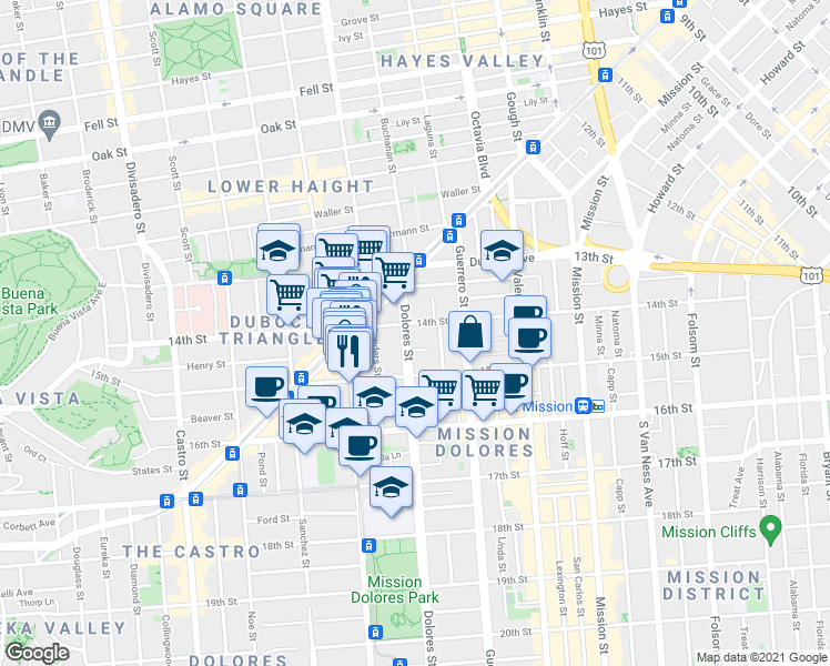 map of restaurants, bars, coffee shops, grocery stores, and more near 154 Dolores Street in San Francisco