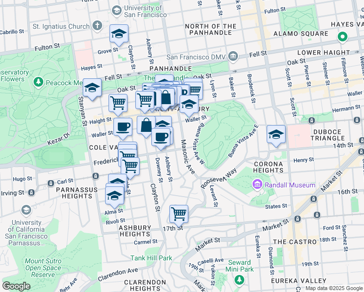 map of restaurants, bars, coffee shops, grocery stores, and more near 1421 Masonic Avenue in San Francisco
