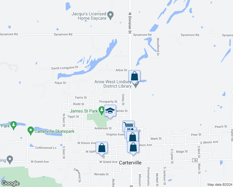 map of restaurants, bars, coffee shops, grocery stores, and more near 615 Bryan Avenue in Carterville