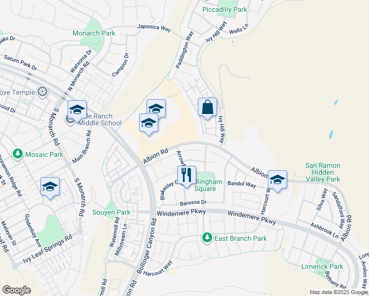 map of restaurants, bars, coffee shops, grocery stores, and more near 313 Adelaide Hills Court in San Ramon