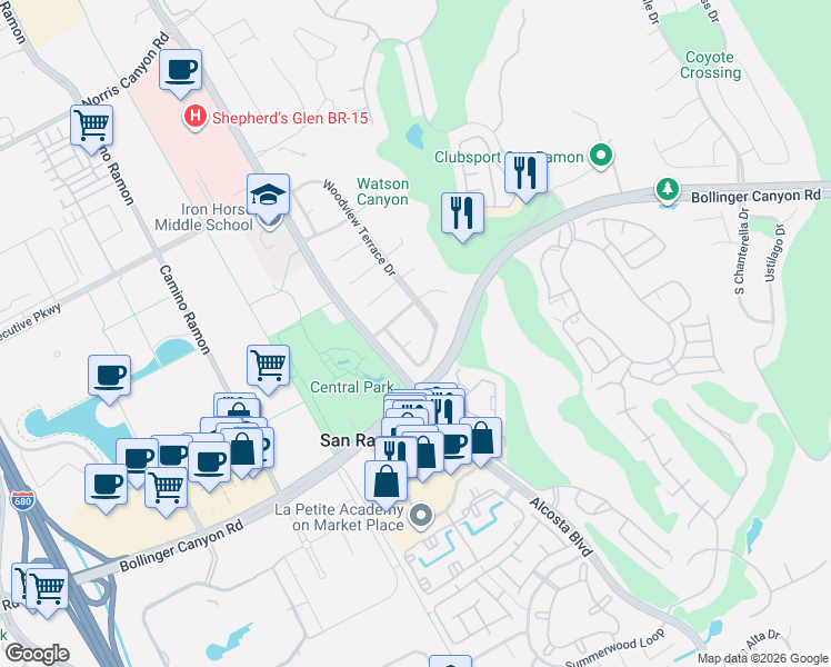 map of restaurants, bars, coffee shops, grocery stores, and more near 121 Woodview Circle in San Ramon