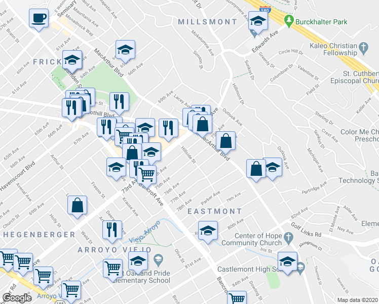 map of restaurants, bars, coffee shops, grocery stores, and more near 7406 Hillside Street in Oakland