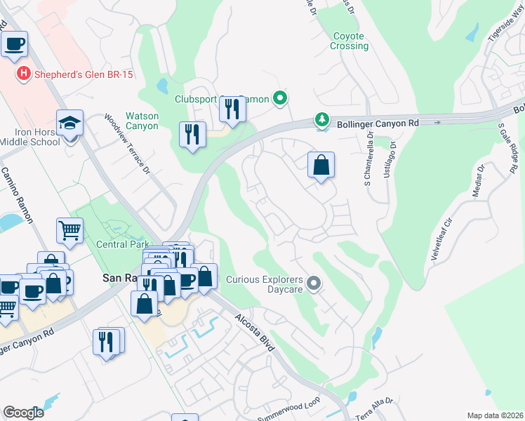 map of restaurants, bars, coffee shops, grocery stores, and more near 412 Pine Ridge Drive in San Ramon