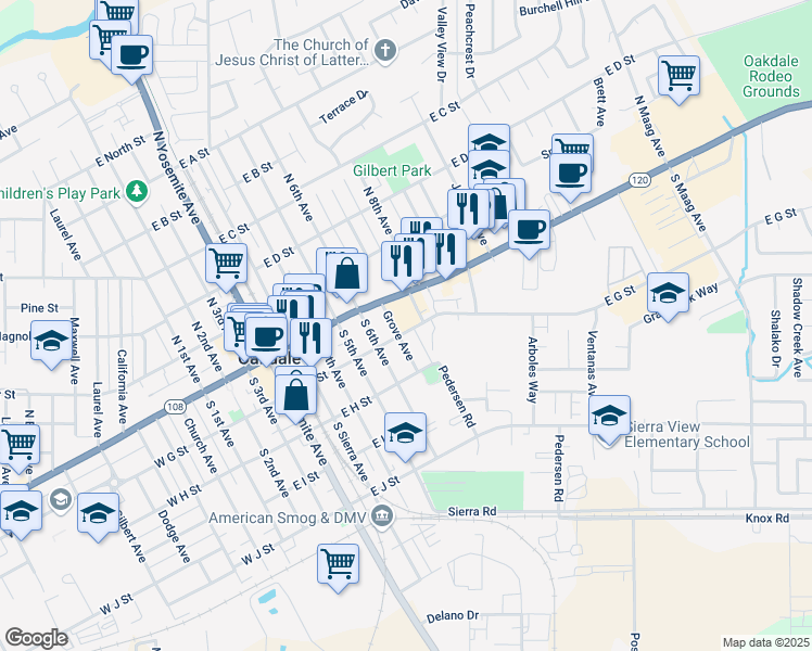 map of restaurants, bars, coffee shops, grocery stores, and more near 217 Grove Avenue in Oakdale