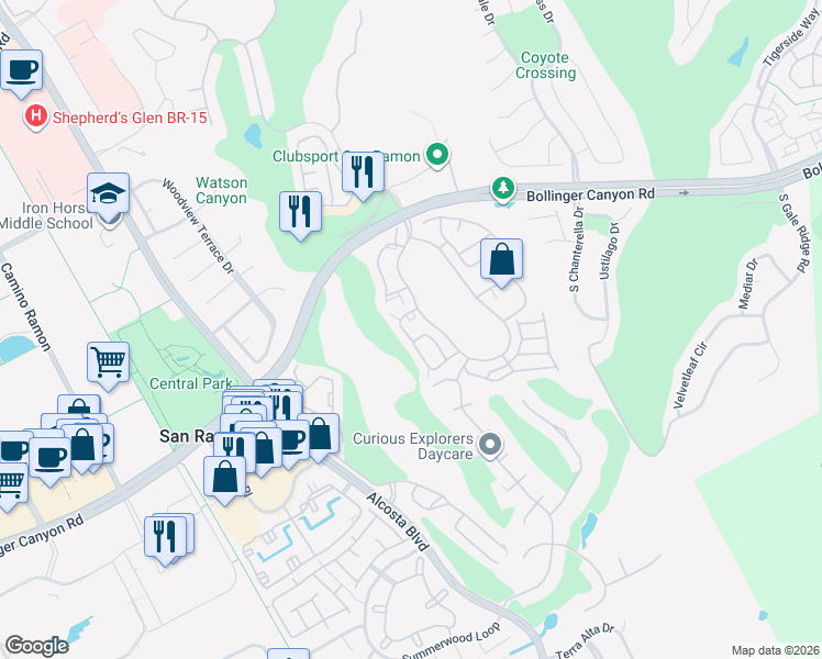 map of restaurants, bars, coffee shops, grocery stores, and more near 309 South Overlook Drive in San Ramon