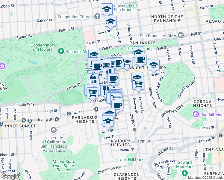 map of restaurants, bars, coffee shops, grocery stores, and more near Cole St in San Francisco