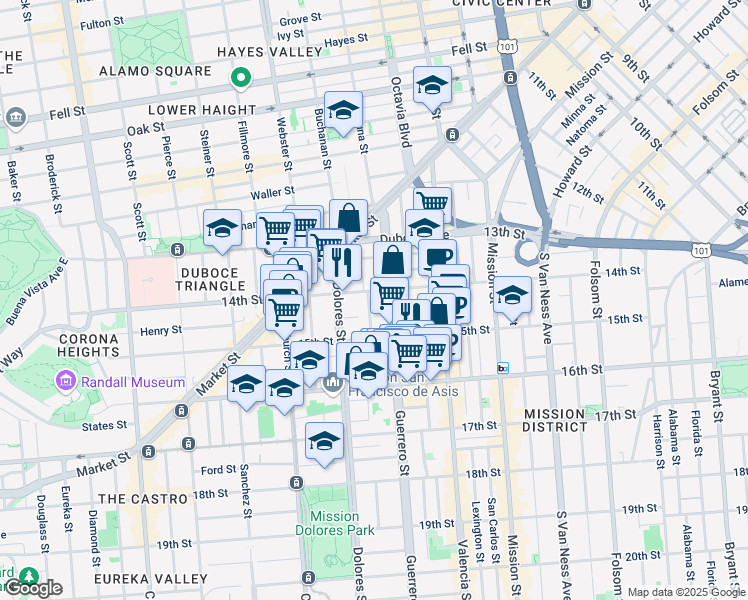 map of restaurants, bars, coffee shops, grocery stores, and more near 66 Ramona Avenue in San Francisco