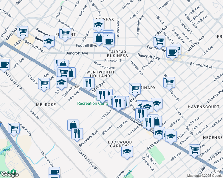 map of restaurants, bars, coffee shops, grocery stores, and more near 5605 East 16th Street in Oakland