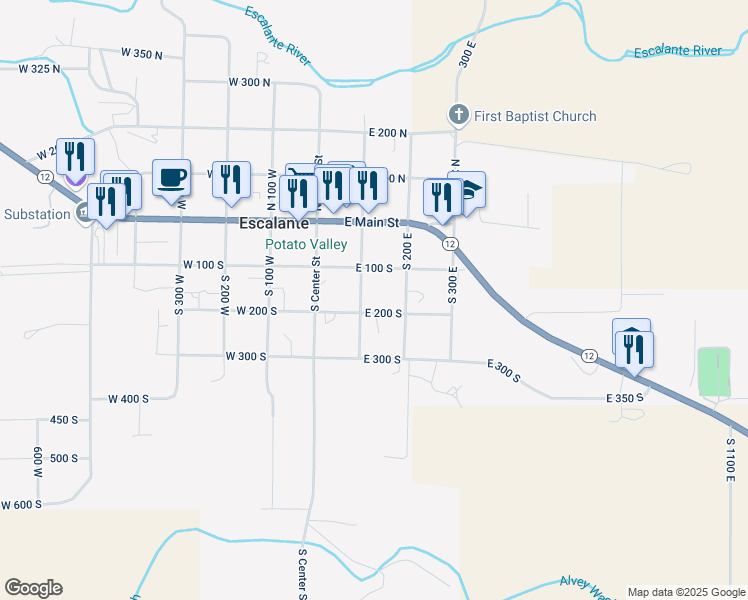 map of restaurants, bars, coffee shops, grocery stores, and more near 80 East 200 South in Escalante