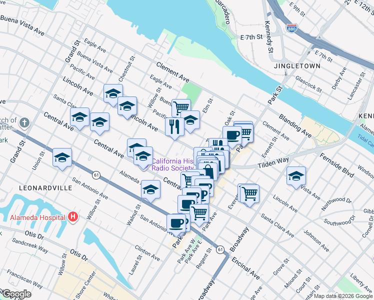 map of restaurants, bars, coffee shops, grocery stores, and more near 2243 Santa Clara Avenue in Alameda