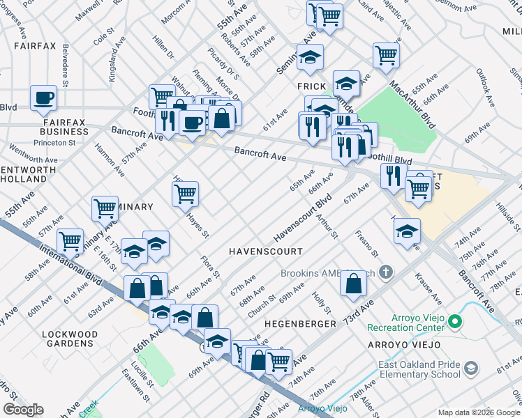 map of restaurants, bars, coffee shops, grocery stores, and more near 2451 65th Avenue in Oakland