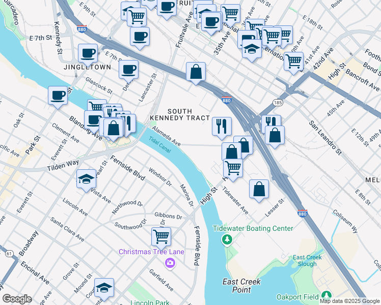 map of restaurants, bars, coffee shops, grocery stores, and more near 3675 Alameda Avenue in Oakland