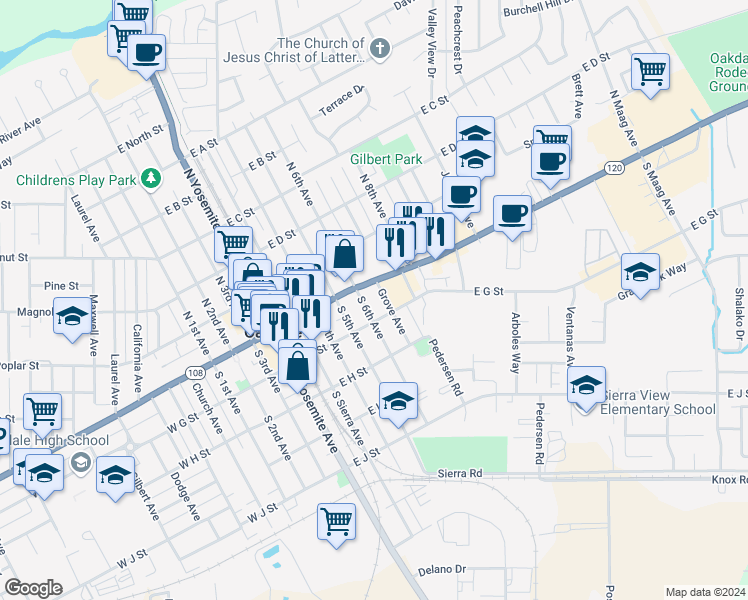 map of restaurants, bars, coffee shops, grocery stores, and more near 160 South 6th Avenue in Oakdale